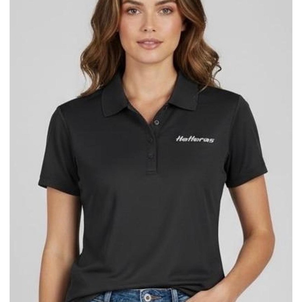 HATTERAS YACHTS Womens Performance Polo Shirt Black Short Sleeve Yachting Size L
